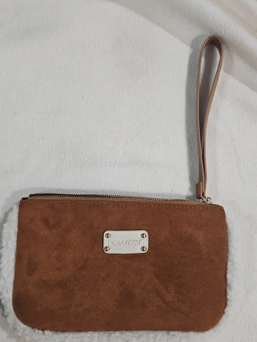 BearPaw Brown Suede Wristlet with Metal Logo Plate
